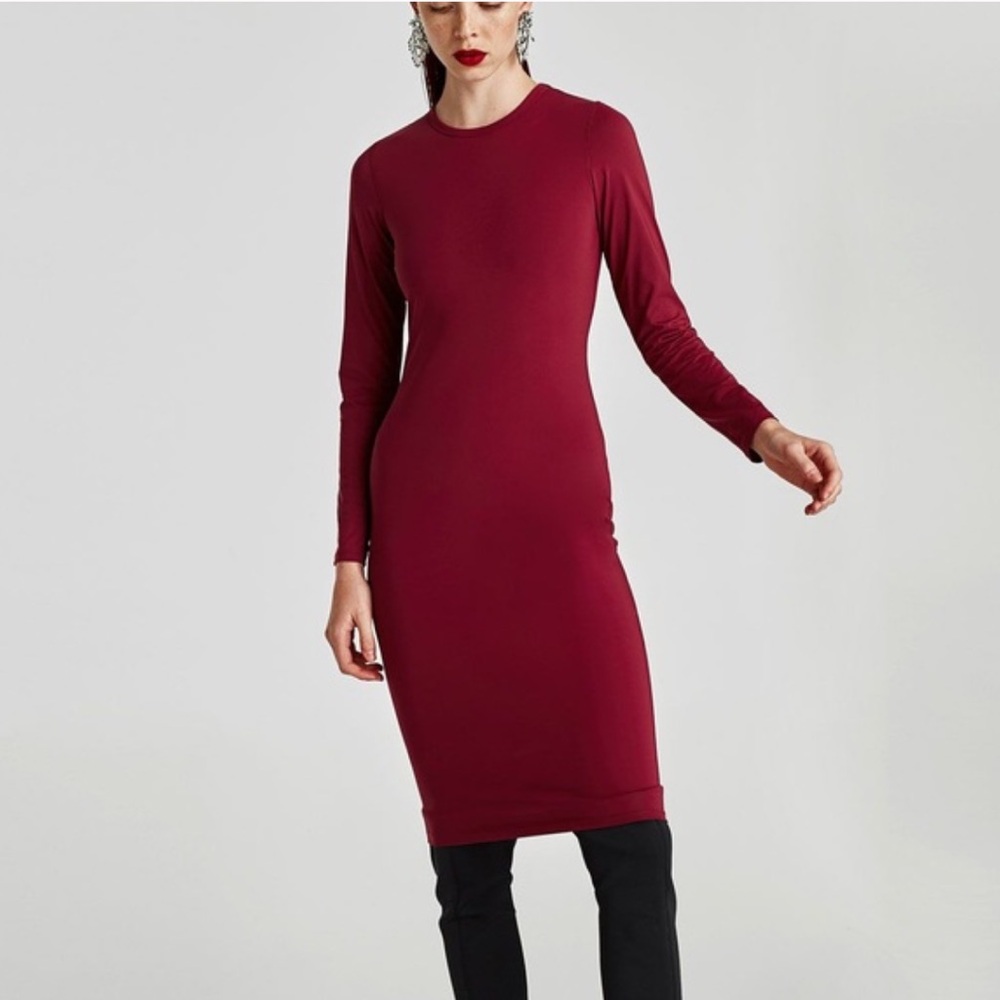 Zara Long Sleeves Ribbed Midi Dress Maroon Red Stretch Womens S